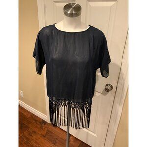 Michael Kors Navy Blue Sheer Short Sleeve Top w/ Fringe Hem, Size 10, NWT!